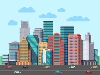 Wall Mural - City buildings panorama. Urban architecture vector cityscape background