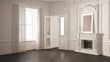 Classic empty room with big window, fireplace and herringbone wooden parquet floor, vintage white and gray interior design