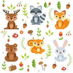 Canvas Print - funny forest animals and floral elements isolate on white background. vector illustration in cartoon