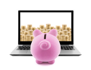 Canvas Print - Piggy bank and laptop with stacks of golden coins isolated on white