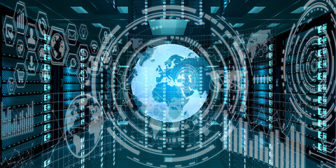 Wall Mural - earth network flying over server room data center 3d rendering