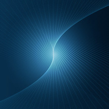 Vector Illustration Of Abstract Tree Dimensional Space. Line Art Pattern With Glow In The Center. Symmetrical Geometrical Background In Deep Blue Colors. Concept Of Unity, Convergence.