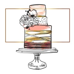 Hand drawn vector cute birthday or wedding template card with cake illustration in gold,pastel,black and white colors,with stripes and flowers decoration on cake stand isolated on white background.