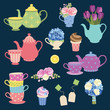 Vector illustration of tea party graphic elements with matching teapot and teacup and flower set.