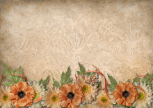 Vintage Background With Lace And Border Of Beautiful Flowers