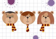 Teddy Bears In Harry Potter, Ron Weasley And Hermione Granger Disguise. Back To School Vector Illustration, Flat Style, Checkered Paper With Ink Blots. Round Glasses And Lighting