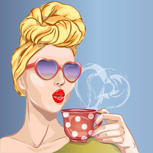 Pin-up Style Sexy Woman With Morning Cup Of Tea. Pop Art Girl, Heart Sunglasses, Head Turban, Vector