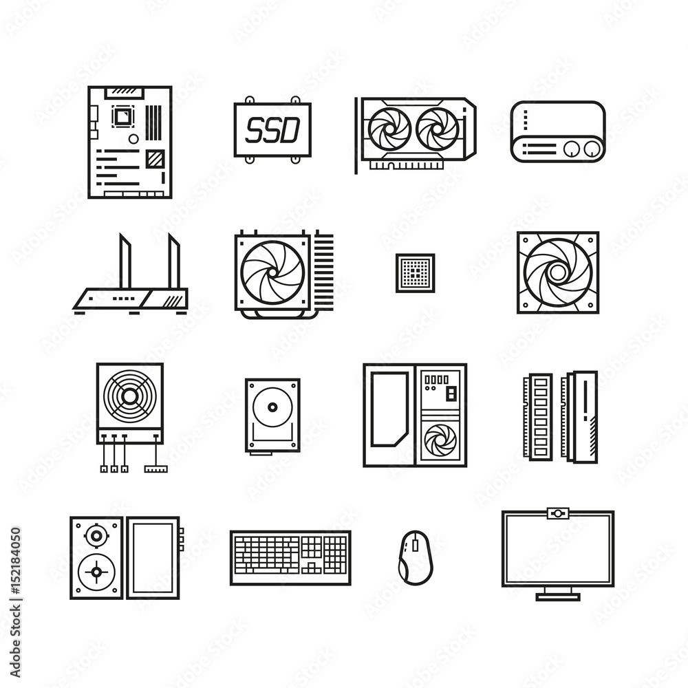 Computer hardware, PC parts and components vector thin line icons set ...
