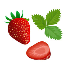 Ripe Juicy Strawberry With Leaf Isolated On White. Whole And Slice