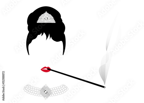 Fotomural portrait retrò woman, diva with Pearl jewelry, minimal Audrey vector illustratio