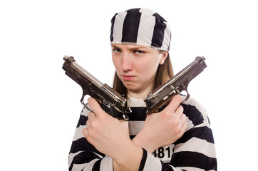 Young woman in prison isolated on white