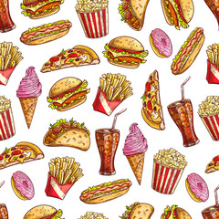 Canvas Print - Fast food sketch vector seamless pattern