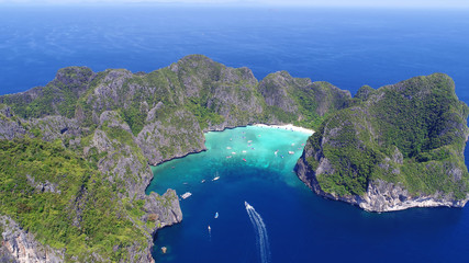 top view tropical island , aerial view of maya bay ,phi-phi islands, krabi, thailand.