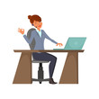 Cartoon call-center operator. A cheerful Female with a wireless headset is sitting at the workplace. A woman is working behind a laptop. Charecter design. Phone service employees