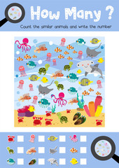 Wall Mural - Counting game of ocean animals for preschool kids activity worksheet layout in A4 colorful printable version. Vector Illustration.