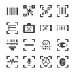 © antto - qr code scanner and bar code scan vector line icon set. Included the icons as qr code, bar code, scanner, fingerprint scan and more.
