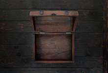 Vintage Open Chest Close Up On Dark Wooden Table