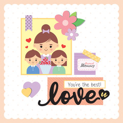 Wall Mural - Happy Mother's Day scrapbooking template. Cartoon mother with daughter and son. Vector illustration.