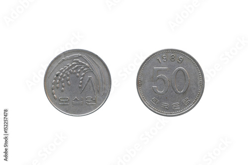 Poster South Korea Coin 50 won year 1989 isolated on white background.