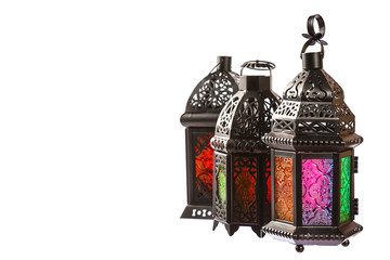 Wall Mural - Beautiful a shining Fanus lantern isolation on white background. The Muslim feast of the holy month of Ramadan Kareem. Free space for your text