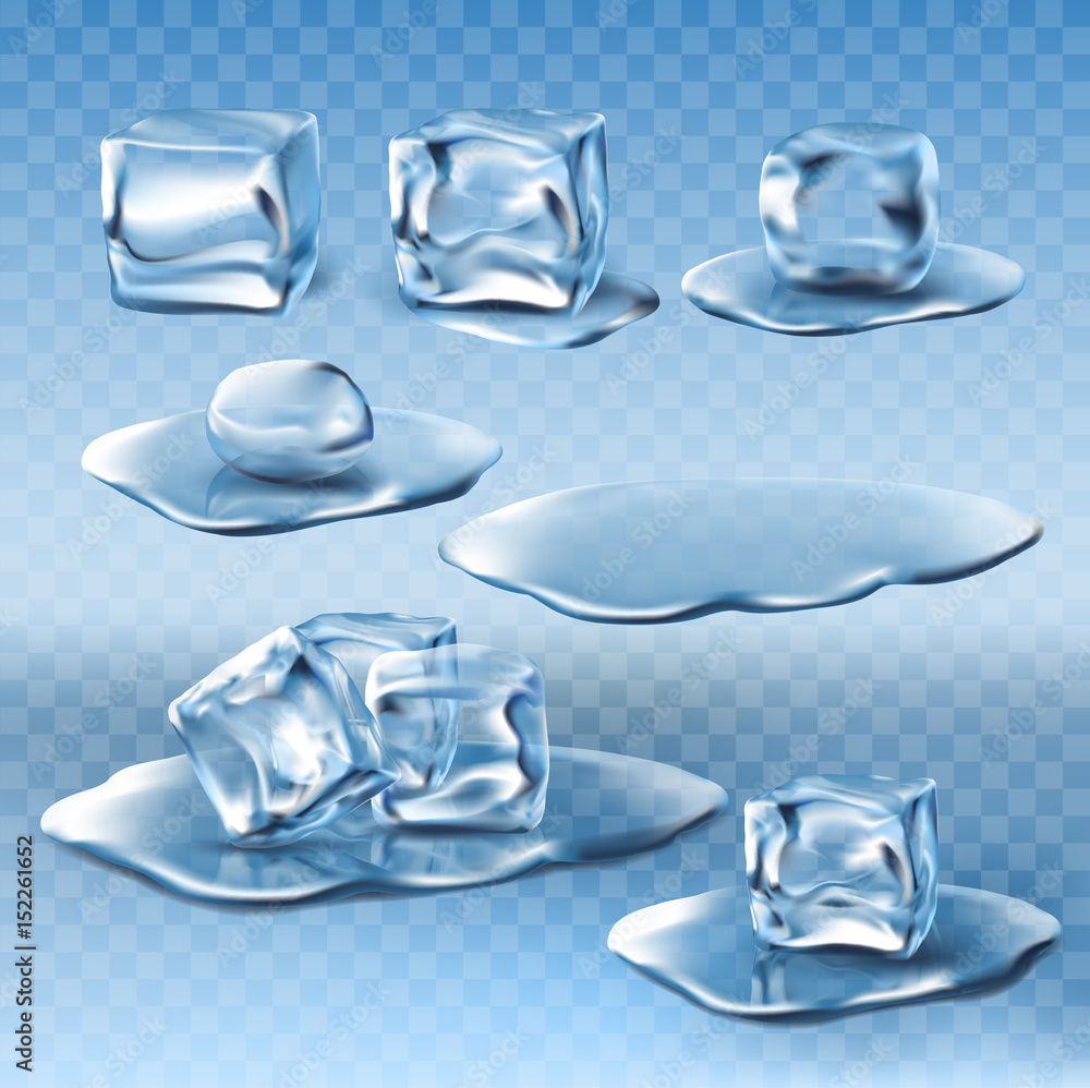 Set of vector illustrations of wet melting ice cubes and water puddles ...