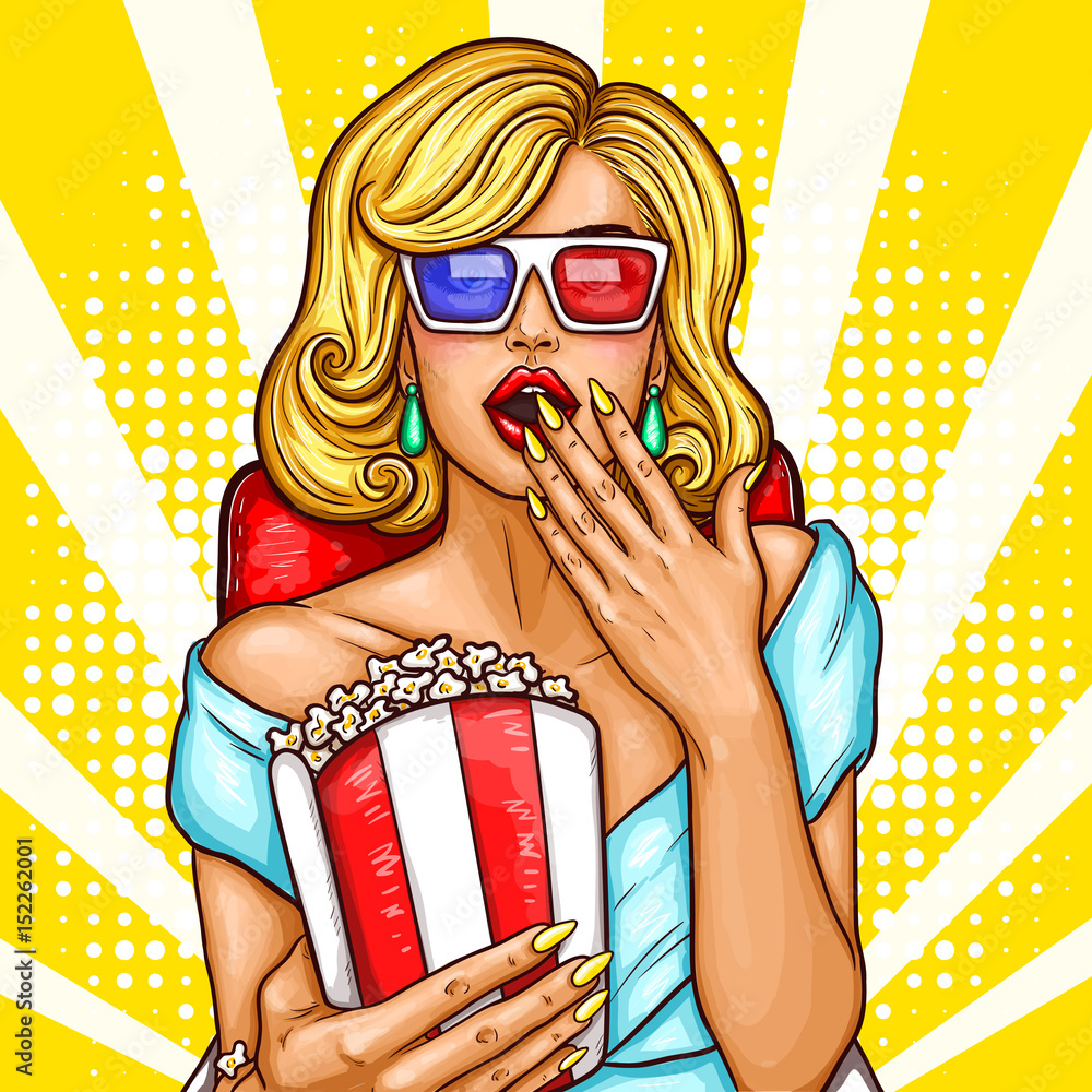Papel de parede Vector pop art illustration of a excited blond woman sitting in the auditorium and watching a 3D movie