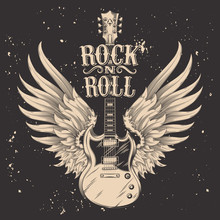 Vector Monochrome Illustration Of An Electric Guitar With Wings. Design Element For The Advertising Poster Of The Rock Festival, Sketch For The Tattoo, Print For The T-shirts