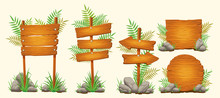 Set Of Vector Cartoon Illustrations Of Wooden Signs Of Various Forms Standing On The Grass And Stones. Elements Of Design For Games