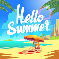 Wall Mural - Summer holiday vector background with sea beach and relaxing people