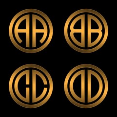 Set 1 of templates from two capital Golden letters on a black background A, B, C, D inscribed in a oval. To create logos, emblems, monograms.