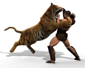 Wall Mural - 3D Illustration of a Gladiator fighting with a tiger isolated on white background