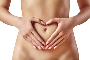 Beautiful female belly. Pretty woman cares stomach. Healthcare, digestion, intestinal health. Wellness, spa. Body part