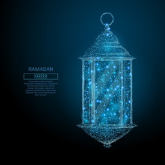 Fototapete - Abstract image of a ramadan lantern in the form of a starry sky or space, consisting of points, lines, and shapes in the form of planets, stars and the universe. Vector Ramadan Kareem concept