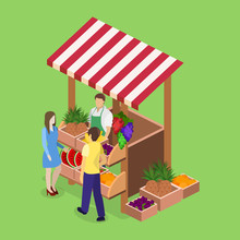 Isometric Flat 3D Isolated Concept Vector Fruit Stand.