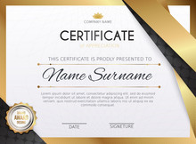 Certificate Template With Golden Decoration Element. Design Diploma Graduation, Award. Vector Illustration.