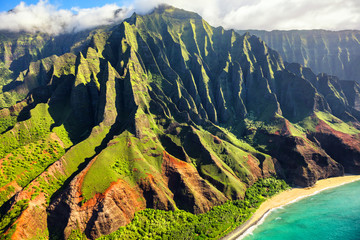 hawaii nature travel destination. na pali coast on kauai island. helicopter aerial view of na pali c