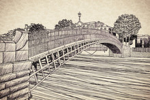 The Most Famous Bridge In Dublin Called "Half Penny Bridge" Due To The Toll Charged For The Passage - Freehand Sketch Concept Image