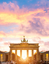Illuminated Brandenburg Gate Sunset View, Berlin, Germany