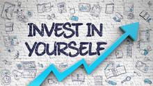 Invest In Yourself - Development Concept With Doodle Design Icons Around On The White Brick Wall Background. Brick Wall With Invest In Yourself Inscription And Blue Arrow. Improvement Concept. 3D.