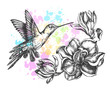 Background with Ink hand drawn flying colibri bird and magnolia flowers. Template for cards, banners, posters. Vector illustration.