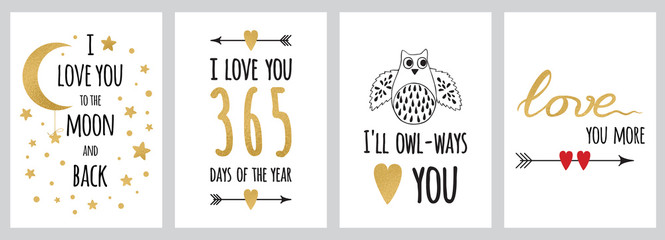 Set of inspirational and romantic cards made in sparklre gold and black color