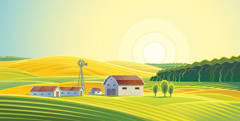 Rural landscape with fields and hills and with a farm.