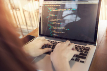 Wall Mural - woman hands coding html and programming on screen laptop, development web, developer.