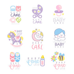 Canvas Print - Baby care set for logo design, hand drawn vector Illustrations