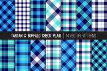 Navy, Blue, White And Aqua Blue Tartan And Buffalo Check Plaid Vector Patterns. Hipster Lumberjack Flannel Shirt Fabric Textures. Pattern Tile Swatches Included.