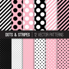 French Pink, Black And White Polka Dots And Stripes Vector Patterns. Set Of Girly Chic Pastel Pink Backgrounds. Jumbo Dots, Tiny Spots And Diagonal Candy Stripes. Pattern Tile Swatches Included.
