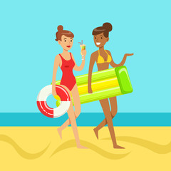 Sticker - Two young women walking on the beach holding lifebuoy and floating mattress