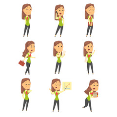 Sticker - set of cute businesswoman characters in different poses. colorful cartoon vector illustration