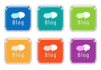 Wall Mural - set of squared colorful buttons with blog symbol in blue, green, yellow, orange and purple color