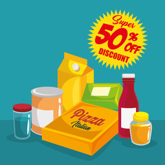 Wall Mural - food related things and discount sign over teal background. vector illustration.